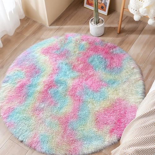 ConCus-T Runder Regenbogen-Teppich für Mädchen-Schlafzimmer, Shag Kunstfell, Regenbogen-Teppich, bunter Batik, flauschiger Regenbogenteppich für Wohnzimmer, Badezimmer, 120 cm