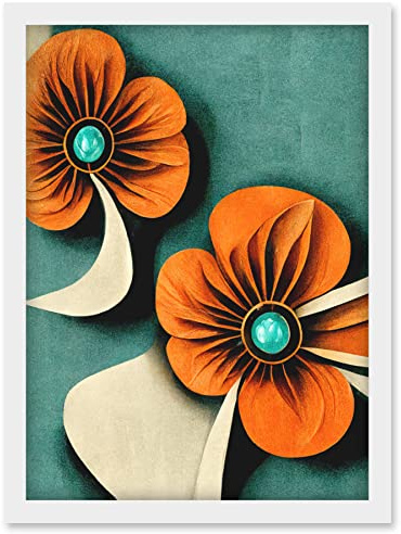 Doppelganger33 LTD Abstract Papercut Orange And Cream Flowers On Teal Artwork Framed Wall Art Print A4