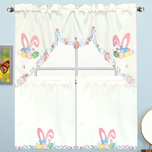 Grelucgo Bestickte Stangentasche für Küchenfenster, Girlande und Etagen, Vorhang-Set für Ostern (Ohr)