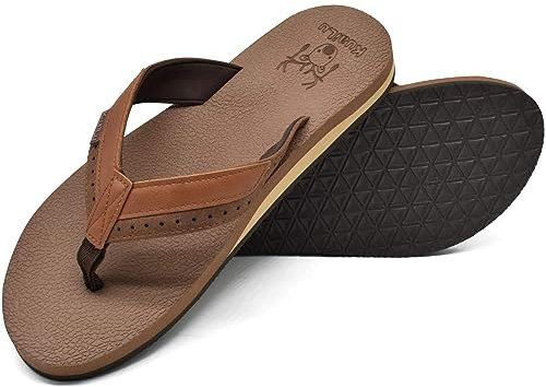 KuaiLu Flip Flops Herren Weich Leder Zehentrenner Männer Bade Sandalen Bequeme Breite Füße Badelatschen Yoga Gummi Fussbett Sommer Strand Zehensandalen rutschfest Indoor Outdoor Tiefes Braun 44