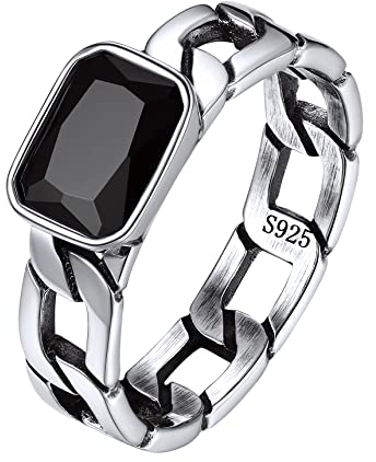 Bestyle Ringe Damen Herren Silber 925 Schwarzer Zirkonia Bandring Jungs Panzerkette Fingerring kubanischer Kettenring Hip Hop Punk Schmuck Ringgröße 52