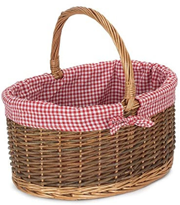 Red Hamper C083L Wicker Large Red Checked Lined Country Oval Shopping Basket