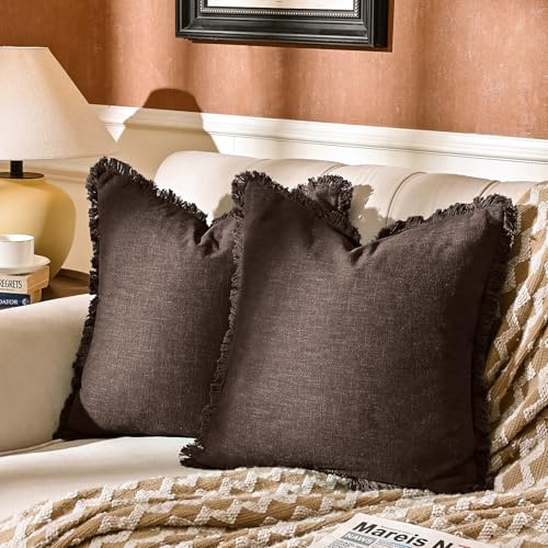 AmHoo 2 Stück Leinen-Kissenbezüge mit Quasten, Fransen, dekorativ, rustikal, natürlich, Kissenbezug für Couch, Sofa, Schlafzimmer, 50,8 x 50,8 cm, Braun