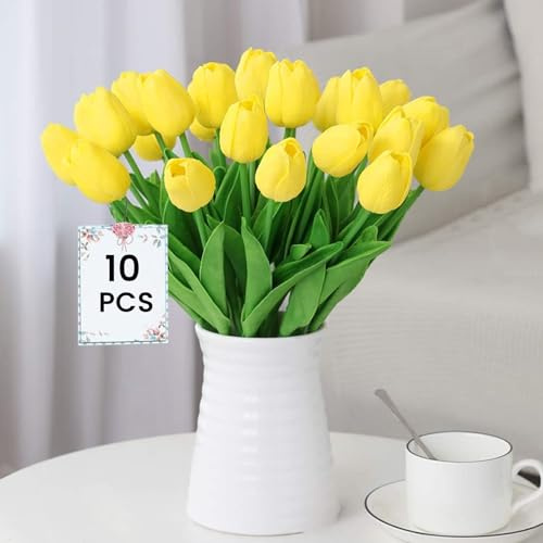 Siganorpy 10 Pcs Real Touch Latex Artificial Tulips, Lifelike Fake Tulip Flowers, Faux Floral Ornaments for Wedding Party Home Room Garden Grave Memorial Indoor Outdoor (Yellow)