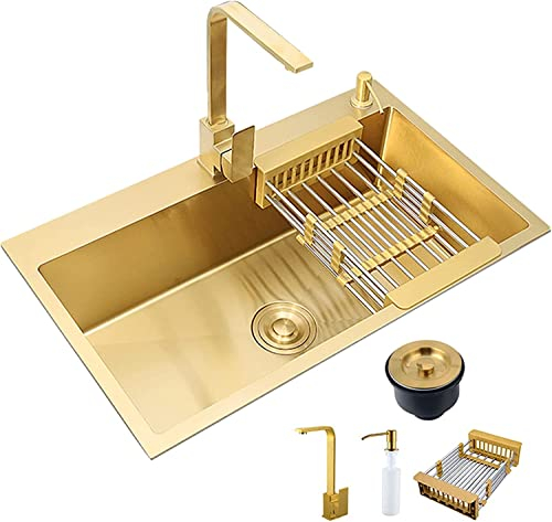 Küchenspüle Gold Edelstahl-Spüle mit Wasserhahn einschließlich Seifenspender Überlauf- und Ablaufarmaturen Aufsatzmontage und bündige Montage (Color : Gold, Size : 45 * 40 * 21)