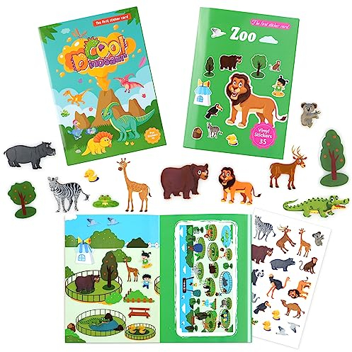 Vicloon 2pcs Wiederverwendbare Stickerbuch, Reusable Sticker Zoo/Dinosaurier Farbig Aufkleber, Kleinkinder Sticker für Geburtstag Weihnachten Geschenk für Kinder 2-6 Jahren