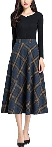 Damen Hohe Taille Karierter Lang Rock Winterrock Vintage Elegant Wollrock Midi Röcke A Linie Faltenrock
