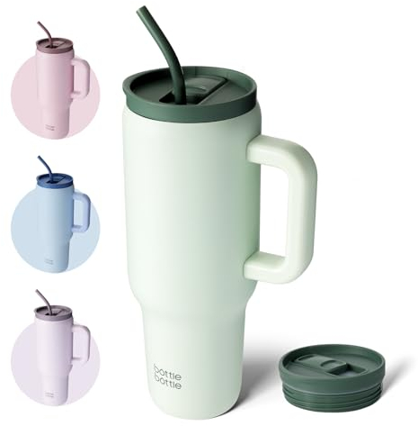 bottlebottle BOTTLE BOTTLE Tasse isotherme 1200 ml, Mug avec paille et poignée, Tasse avec paille sous vide en acier inoxydable pour cadeaux, fêtes, bureau, Café (vert)