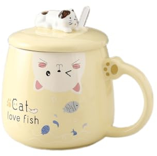 EeAaSsTy Taza de café de cerámica con tapa y cuchara, taza gato, taza de té, taza de agua de 450 ml, lindo gato decoración, regalo para madre, novia, Navidad, regalo de cumpleaños. (amarillo)