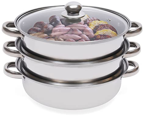 Vaporera de 3 niveles, acero inoxidable, con tapa de cristal, acero inoxidable (304)