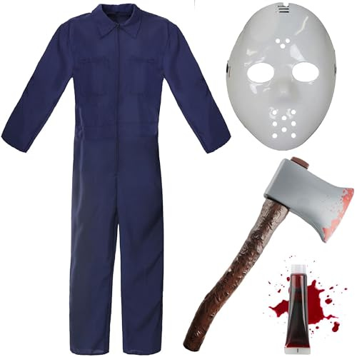 Jason-Kostüm für Erwachsene, Größe M, marineblau, Hockey-Maske, Kunststoffaxt und Kunstblut, Halloween-Kostüm, TV-Film-Kostüm für Erwachsene