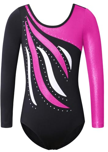 FINGER TEN Gymnastikanzug Mädchen Kurzarm Langarm Kinder Ballettanzug Gymnastik Training Gymnastikbody Trikotanzug Tanz Kleid (Dunkel, Tag 8A (7-8 Jahre))