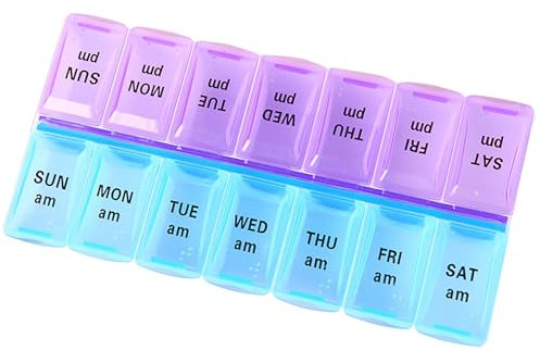 FENGZIZH Pill Box 7 Day 2 Times a Day Travel Pill Box Organizer,Moistureproof, BPA Free Case,Tablet Organiser to Hold Vitamins and Medication (Blue+Purple) (1 Pcs)