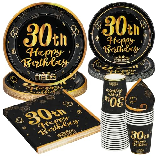 96 Stück Schwarz und Gold Party Geschirr Set für 30. Geburtstag - Pappteller für 24 Gäste, Tischdekoration