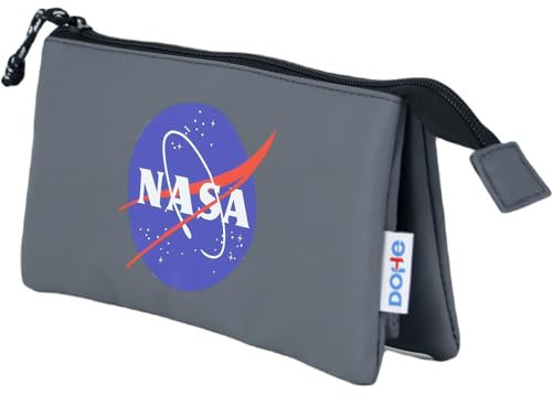 DOHE - Schulmäppchen 3 Fächer - Reißverschluss, offiziell lizenziert, strapazierfähiges Polyester, 23x12x2,5 cm, Schulmaterial - NASA Grey - Grau