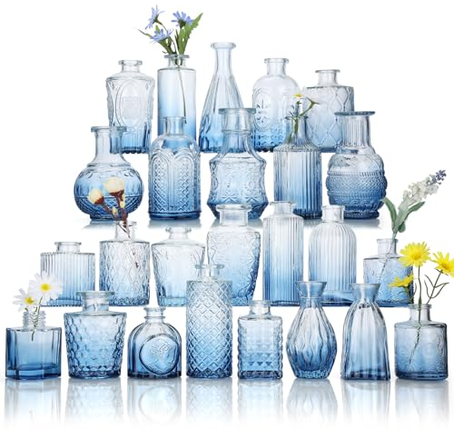 Glass Bud Vase Set of 25, Mini Blue Bud Vase for Centerpieces in Bulk, Small Vintage Flower Vases for Weddings Parties Home Table Decorative