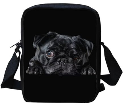 HUGS IDEA Messenger Bag für Damen, Umhängetasche, Handtasche, Clutch, Geldbörse, kleine Crossbody-Tasche mit verstellbarem Schultergurt, Schwarzer Mops, Einheitsgröße
