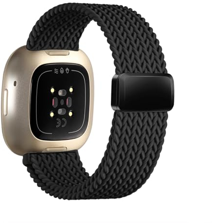 Zythtic Geflochtenes Armband Kompatibel mit Fitbit Versa 3 Armband/Fitbit Versa 4 Armband/Sense Armband/Sense 2 Armband, Nylon Band mit Magnetverschluss für Versa 3/Versa 4/Sense/Sense 2, Schwarz