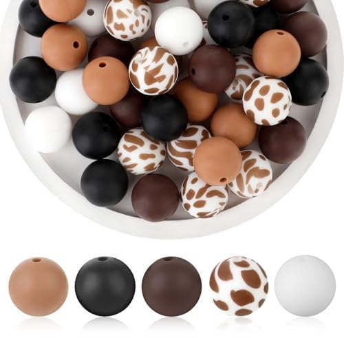 50 PCS Brown Cow Print Silicone Beads, 15mm Bulk Round Silicone Beads Loose Cow Printed Bead Leopard Print Silicone Beads for Keychain Making Bracelet Necklace Pens Lanyards DIY Craft