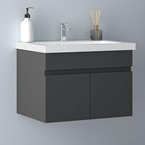 Biubiubath Badezimmer Badmöbel 60cm Mineralguss Waschtisch mit Unterschrank Hängeschrank Dunkelgrau Matt Badezimmerschränke Badschrank mit 2 Soft-Close Türen