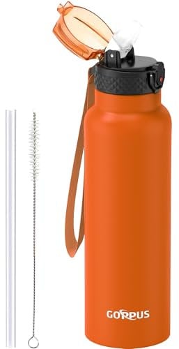 GOPPUS 750ml/26oz Stainless Water Bottle with Straw Double Wall Insulated Bottles with Strap Reusable Vacuum Thermal Flask Leakproof Keep Cold Drinks Bottles with Flip Top Lid for Men Women BPA Free
