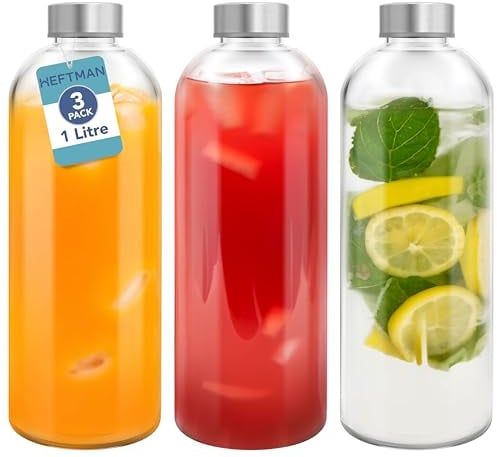 HEFTMAN Lot de 3 Bouteille Verre 1L - Bouteille en Verre 1 Litre avec Couvercles Hermétiques et Brosse de Nettoyage - Bouteilles en Verre Vides pour Boissons, Eau, Smoothies, Jus, Vinaigrettes