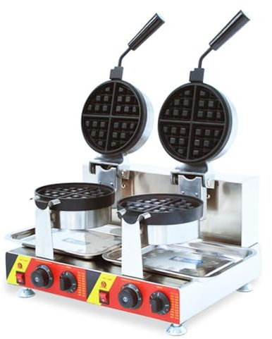 Commercial Waffle Maker 3200W Professional Double Heads Waffle Baker Machine, Non-stick Round Electric Belgian Waffle Iron Maker For Restaurant Hotel Party Food Stall Cafes Snack Bars(Double head)