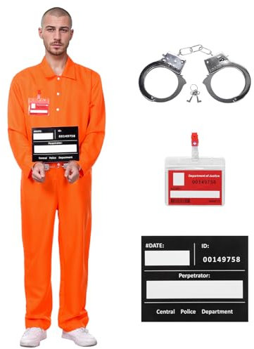 Angenster Prisoner Costume Suit, Prisoner Outfit Orange Jumpsuit Prisoner Fancy Dress with Handcuffs Information Board Name Badge Card, Prisoner Costume Men Women for Halloween Carnival (Orange, L)