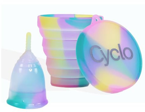 Confezione Coppa mestruale Cyclo Unique ipoallergenica in silicone medico, riutilizzabile fino a 10 anni | con bustina di cotone e bicchiere sterilizzatore pieghevole adatto al microonde. (L)