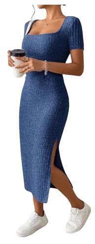 GORGLITTER Women's Square Neck Bodycon Midi Dresses Short Sleeve Ribbed Slit Tight Casual Dress Blue M