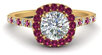 JewelryGift Bague pavée de Diamants Ronds Halo plaqué Or Jaune Saphir Rose créé Rond façonner Bagues de fiançailles Halo réglage de la Broche Taille 58 Bijoux fantaisi
