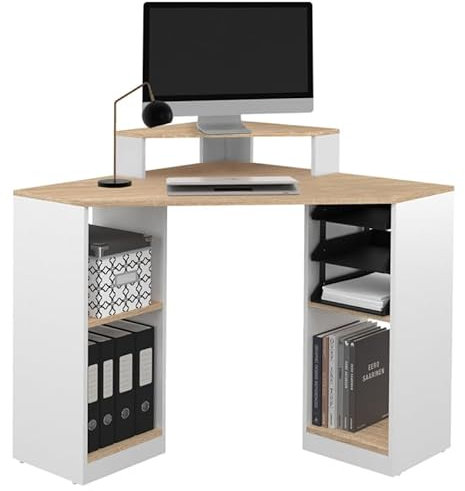 IDMarket - Bureau d'angle Harry Blanc et façon hêtre Gain de Place Bureau Informatique avec rangements