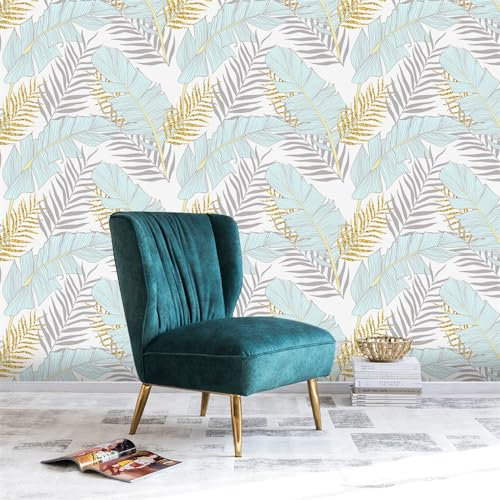 Wallpaper Golden Blue Leaves Sticky Back Plastic PVC Sticky Wallpaper Waterproof Furniture Peel and Stick Wallpaper Home Art Deco Wallpaper Self Adhesive Wallpaper 1P (45x200 cm)