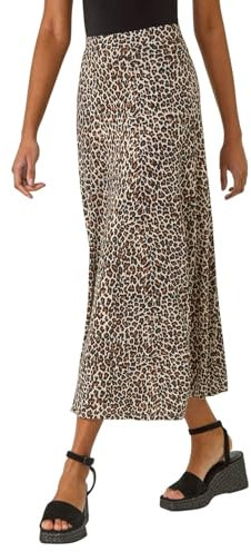 Roman Jersey Skirt for Women UK - Ladies Midi Maxi Floral Animal Print Autumn Winter Swing Smart Casual Office Cocktail Party Going Out Evening Holiday Cruise - Size 14 - Beige