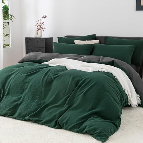 Gezu Doppelte Muslin Bettwäsche 220x240 Baumwolle Grün Dunkelgrün 3teilig Flaches Leinenartiges Bettwäsche-Sets mit 2 Kissenbezüge 80x80,ÖEKO-TEX® Zertifiziert Bettbezug Baumwolle mit Reißverschluss