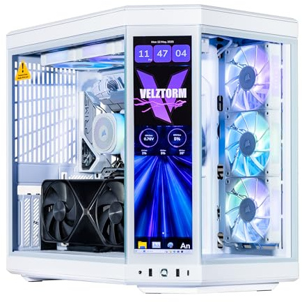 Velztorm LCD White Praetix Custom Built Y70 Touch Gaming Desktop PC (GeForce RTX 5090 32GB (>4090), Liquid Cooled Intel i9-14900K, 32GB DDR5, 2TB PCIe SSD, 1000W PSU, WiFi 6, Win11Pro)