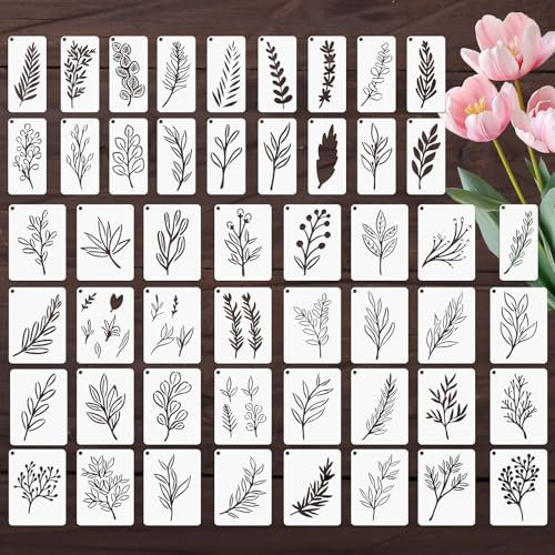 OOTSR 50 Stück Pflanzen Bastelschablonen Set, Blätter Wiederverwendbar Kunststoff für Malerei Holz Wandgestaltung Deko Scrapbooking DIY Handwerk