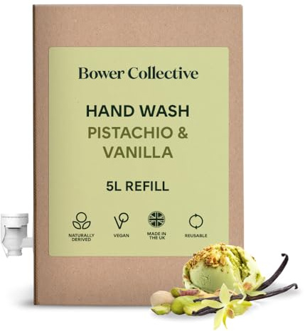Bower Collective 5 Litre Premium Hand Soap Bulk Refill, Natural Antibacterial Handwash, Pistachio & Vanilla Hand Wash, Eco-Friendly Soap, No Nut Derivatives, 1500+ Washes