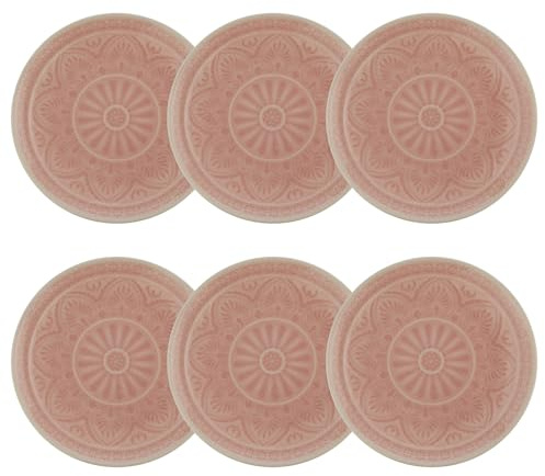 BUTLERS 6er Set Teller Steinzeug - SUMATRA - Spülmaschinenfest | Farbe Pink - ø 21 cm - Kuchenteller für Gebäck & Desserts - Dessertteller für Snacks & Vorspeisen - Reliefdekor