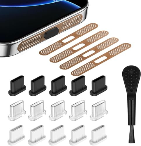 RXKFIGX 20-Pack USB-C Dust Protection Plugs,Earphone Speaker Mesh, Type-C Charging Port Cover, Dustproof Adhesive Cover, Phone Accessories for iPhone 16/iPhone 15 with Plastic Cleaning Brush