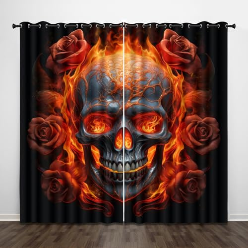 Blickdicht Gardinen mit Ösen 3D Flamme Totenkopf Blume Rose Druck Schiebevorhänge Schlafzimmer Vorhang Thermogardinen Gardine Wohnzimmer Verdunkelung Vorhänge Curtain Fenster Deko B140xH160 cm
