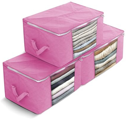 Delka 90L Storage Bags with Lids, Large Storage Boxes with lids, Storage Unit for Clothes, Blankets, Toys, Pack of 3 Foldable Organizers with Reinforced Handles and Clear Window (Dusty Pink, 90L)