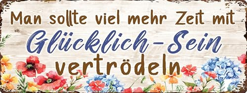 LUCKYLINDE XL Retro Blechschild mit lustigem Spruch GLÜCKLICH SEIN, Deko Schild im Vintage Style, 15 x 40 cm