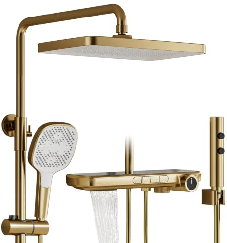 OihPaw Colonne de douche, or brossé, colonne de douche thermostatique | Système de douche à 4 fonctions avec une pomme de douche 340 × 220 mm, une douchette, un pistolet et une sortie d'eau basse