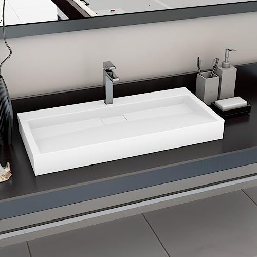 HaoChrymec Waschbecken aus Mineralguss mit Hahnloch, Wand- oder Aufsatzwaschbecken, Weiß, Modernes Design, Für Badezimmer, Waschküche, 100 x 46 x 11 cm