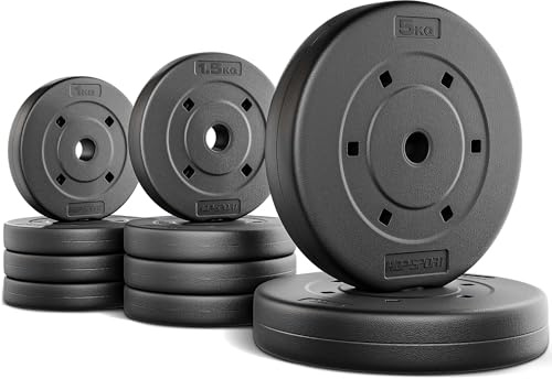 Hop-Sport 20kg Weight Plate Set (2x5kg, 4x1,25, 4x1kg) – Durable Bitumen Composite Plates with 28mm Hole – Floor-Safe Gym Weights for Barbells & Dumbbells – Home Fitness Strength Training Equipment