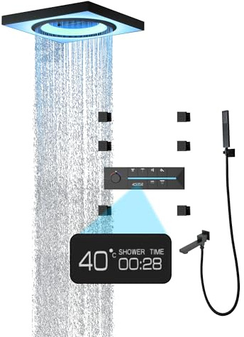Duschsystem mit Thermostat, Multifunktionales Unterputz Dusche, Handbrause Mit 3 Funktionen, 64 Farben LED Bluetooth Duschset Duscharmatur Set, 6pcs Massage-Seiten-Spray