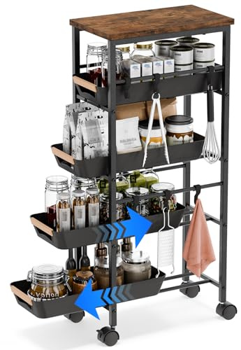 Cioquli 5 Ebenen Küchenwagen mit Rollen, Metall Rollwagen Küche Schmal | Küchenregal Schmal, Aufbewahrungswagen mit 4 Schubladen & Holzplatte, Nischenregal für Kleine Räume, Küche, Bad, Wohnzimmer