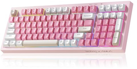 LEOBOG x Aula Pink Keyboard Wireless Creamy Computer Gaming Keyboards | Silent Membrane Keyboard, 98 Keys 2000mAh Quiet Creamy Keyboard with Number Pad, Rechargeable, for PC Mac Office Dorm Rooms