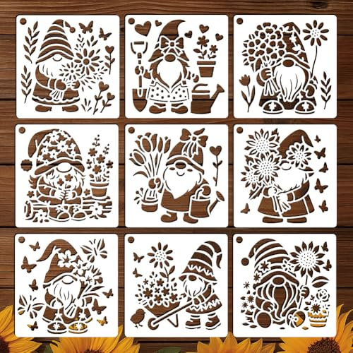 GOMAKERER 9 Blatt Blumen Zwergen Elfen Schablonen Zum Malen, 9 Stil Gartenzwerge Sonnenblumen Wandschablone Vorlage Wiederverwendbare Gartenzwerg Schablonen Zum Bemalen von Wänden Holz Heimdekoration
